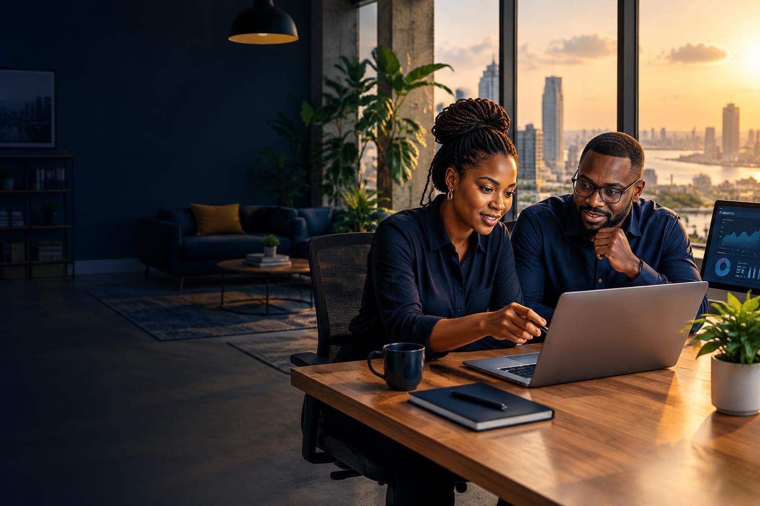 Two colleagues working together at a laptop in a modern workspace